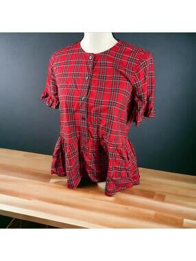 Madewell Red Black Plaid Top Blouse Size XS Womens Button up Babydoll Pullover